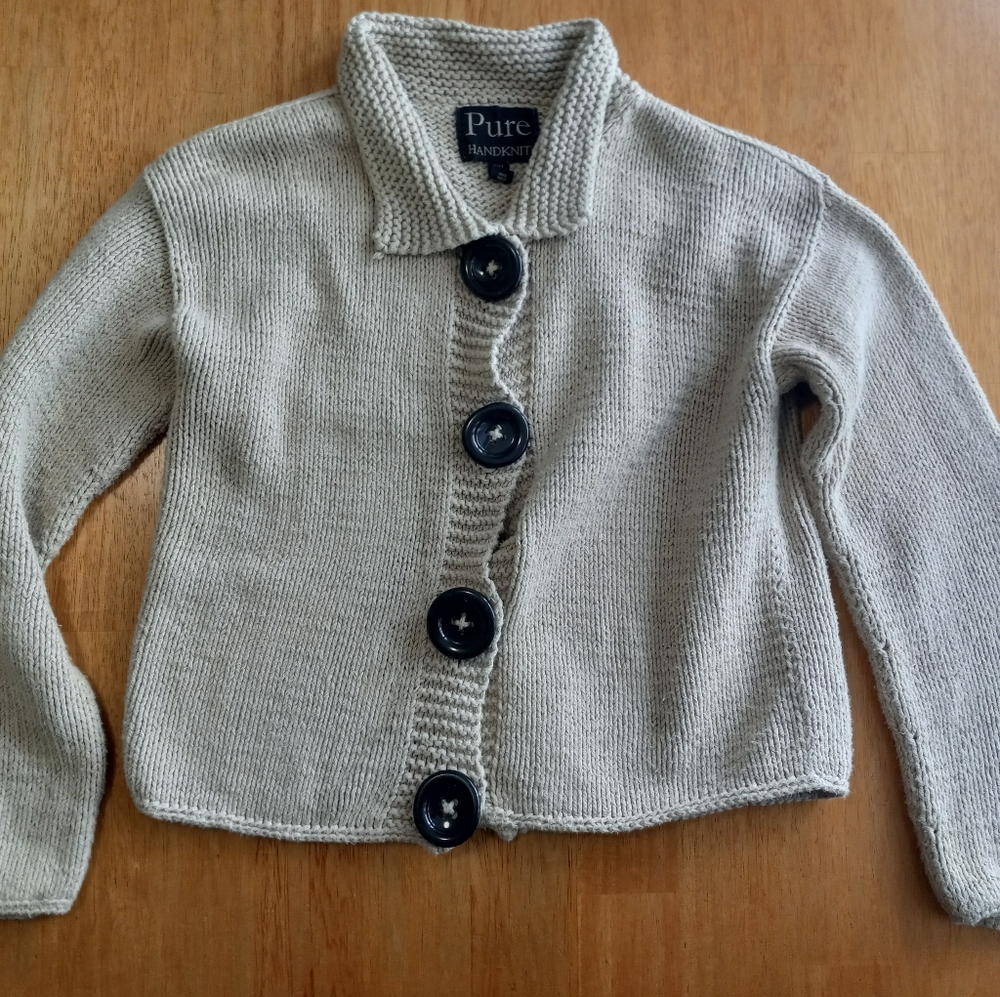 Pure Handknit Cotton Beige Cardigan with Black Buttons Medium Sezane Style